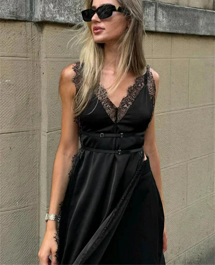 Lace Satin Patchwork High Split Maxi Dress - View 8