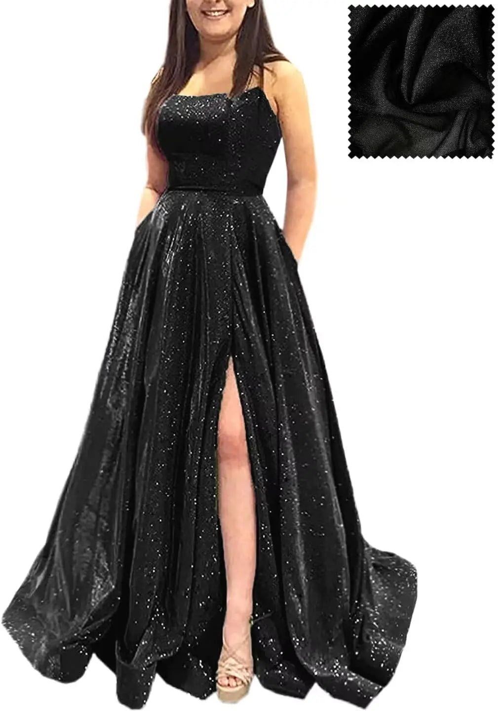 Elegant A-Line Formal Evening Gown with Pockets and Glitter - Fashionpara