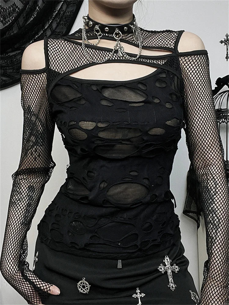 Dark Mesh Imitation Neck Transparent Blouse