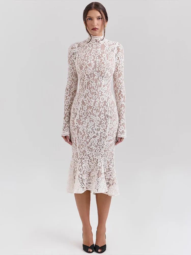Floral Lace Mock Neck Long Sleeve Scalloped Cuff Bodycon Gown - View 7