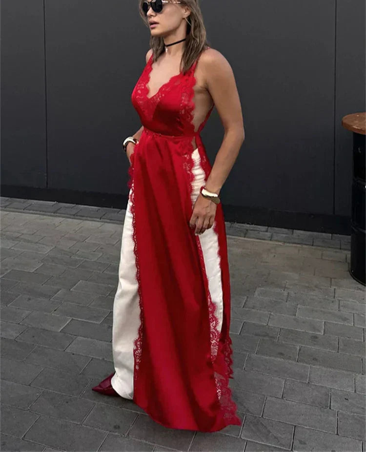 Lace Satin Patchwork High Split Maxi Dress - View 5