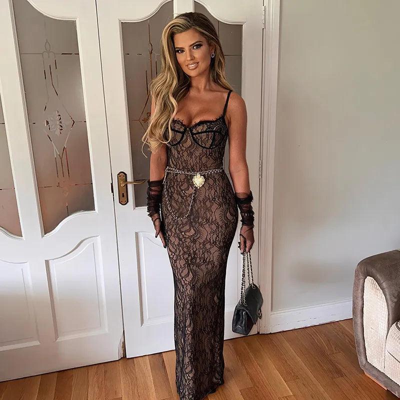 Sheer Lace Spaghetti Strap Chain Belt Bodycon Maxi Dress 7