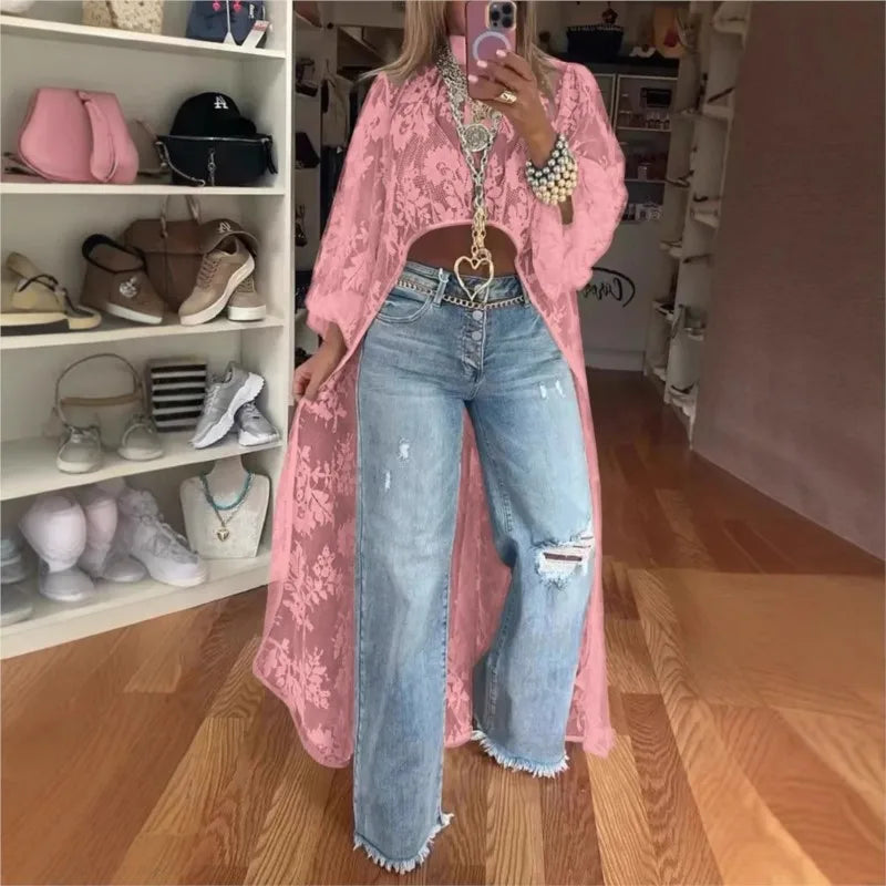 Lace Floral High Neck Puff Sleeve Blouse