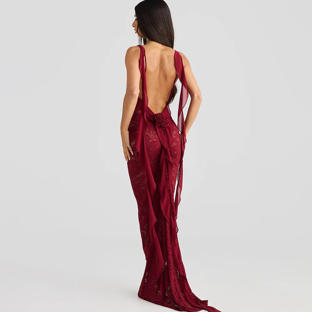 Lace Patchwork Backless Trailing Long Dress - View 8