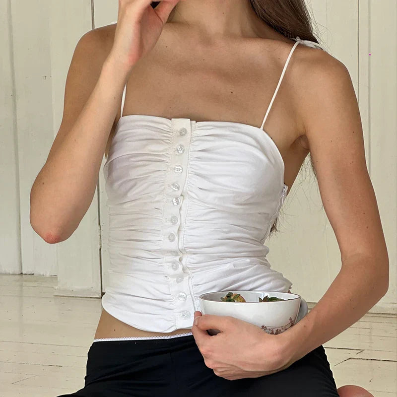 Cutest Backless Summer White Tank Vintage Buttons Ruched Tie-Up Y2K Crop Top