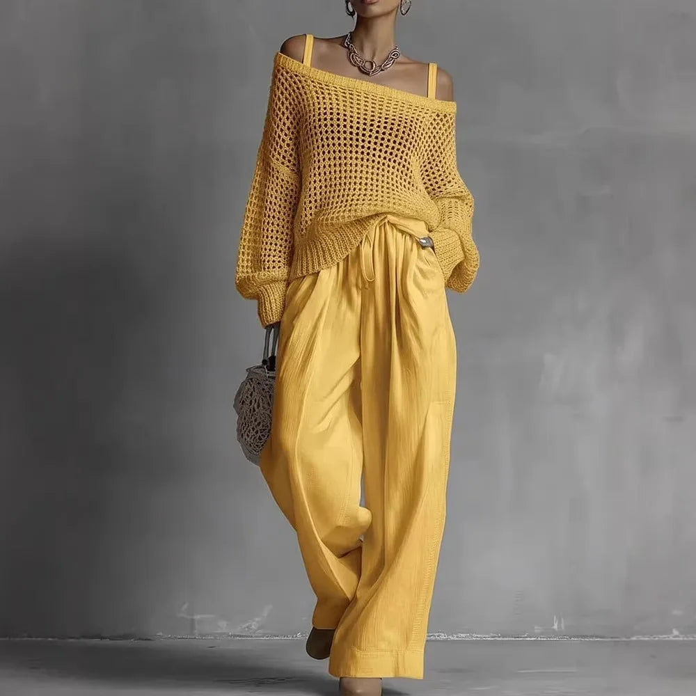 Open Knit Off Shoulder Top and Wide Leg Pants Two Piece Set 3