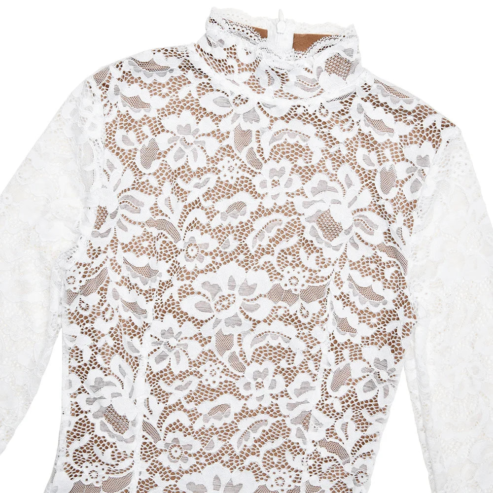 Floral Lace Mock Neck Long Sleeve Scalloped Cuff Bodycon Gown - View 11