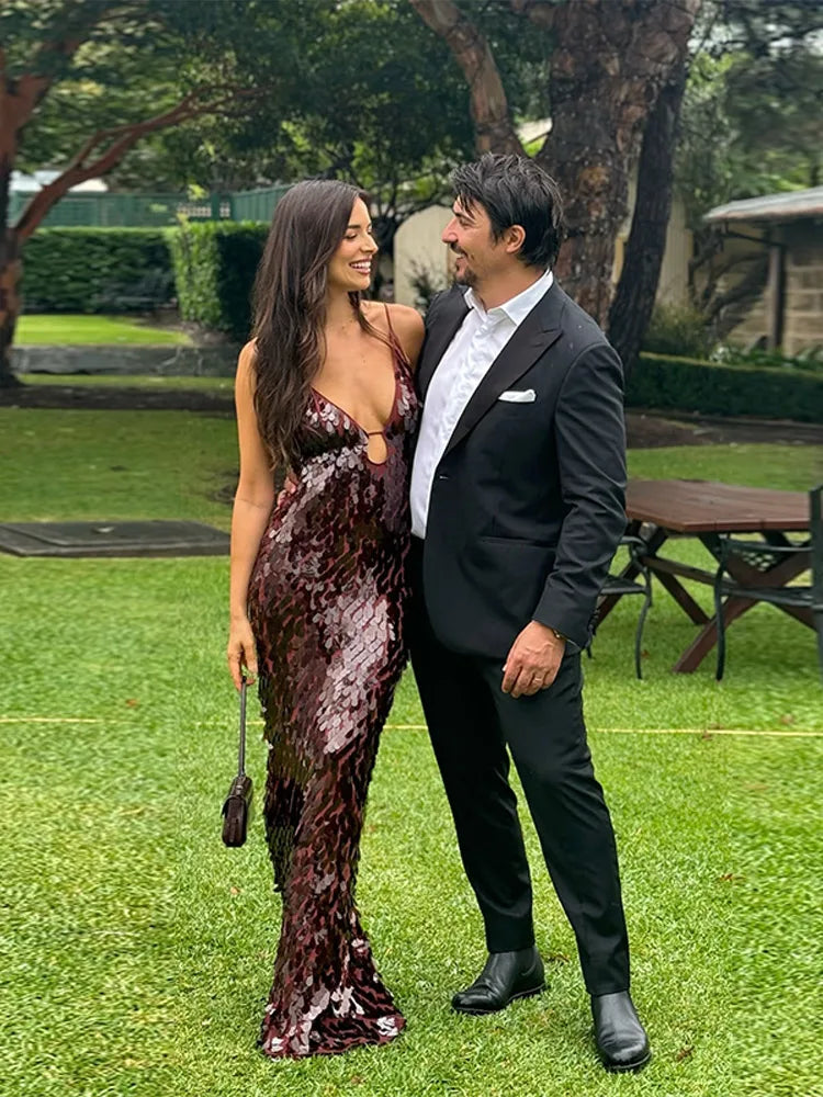 Sequin Deep V-Neck Spaghetti Strap Cut Out Slip Maxi Dress - View 4