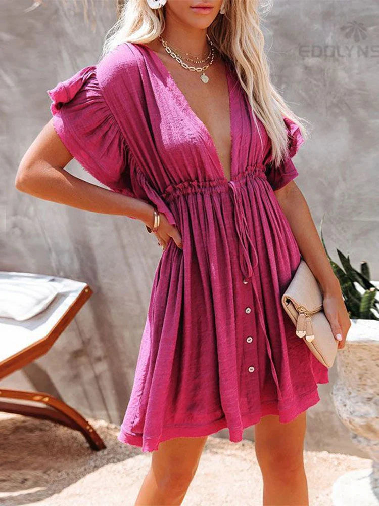 Deep V-Neck Ruffle Lace Up Beach Cover Up