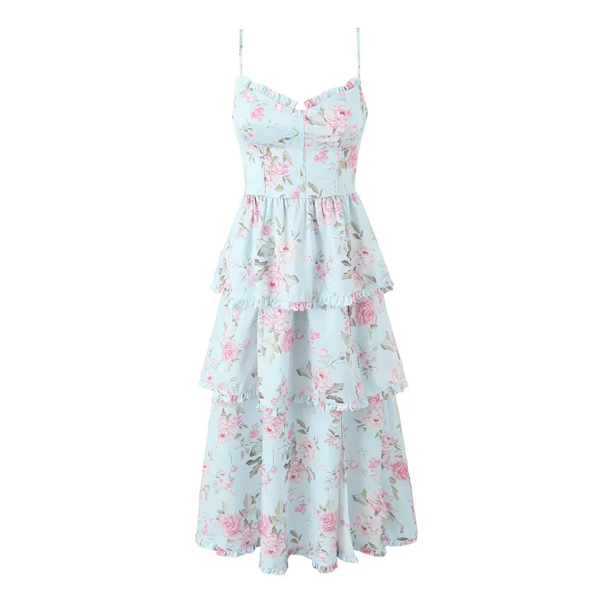 Floral Corset Sweetheart Tiered Ruffle High Low Midi Dress - View 7
