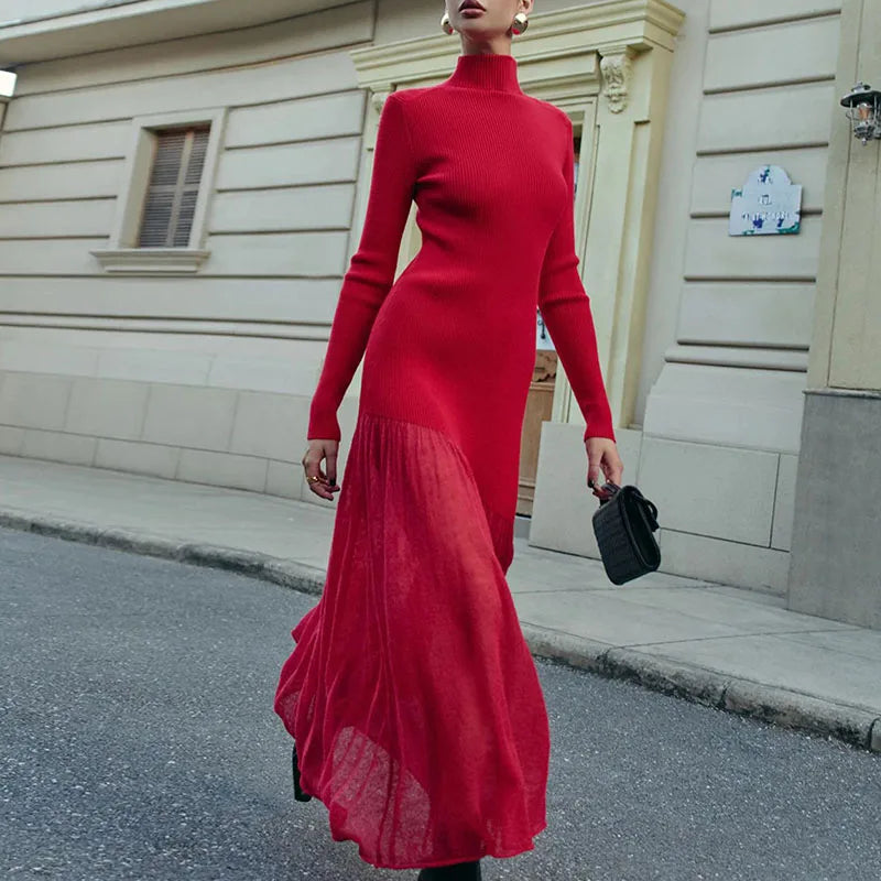 Elegant Fashionpara High Collar Knitted Maxi Dress for Fall