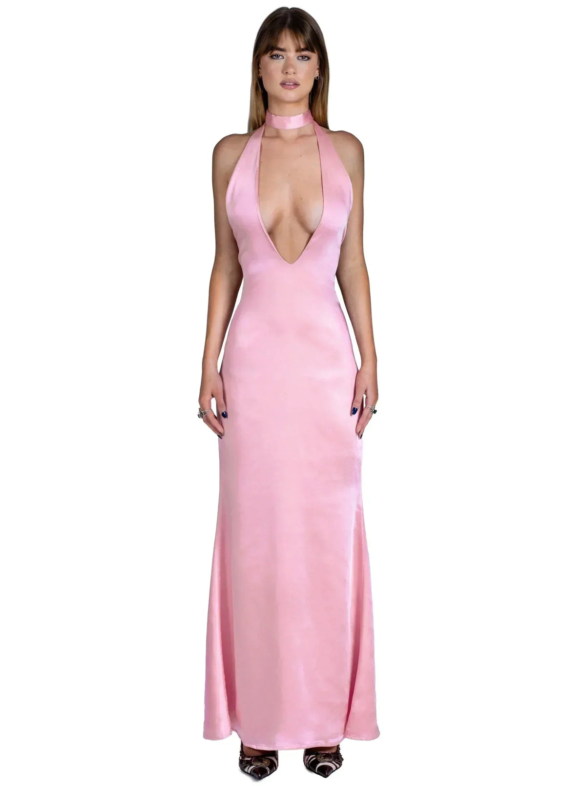 Satin Halter Neck Choker Deep V-Neck Bodycon Maxi Gown 35