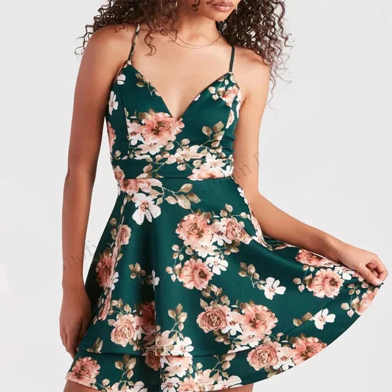 Floral Print Spaghetti Strap Deep V-Neck Mini Cocktail Dress