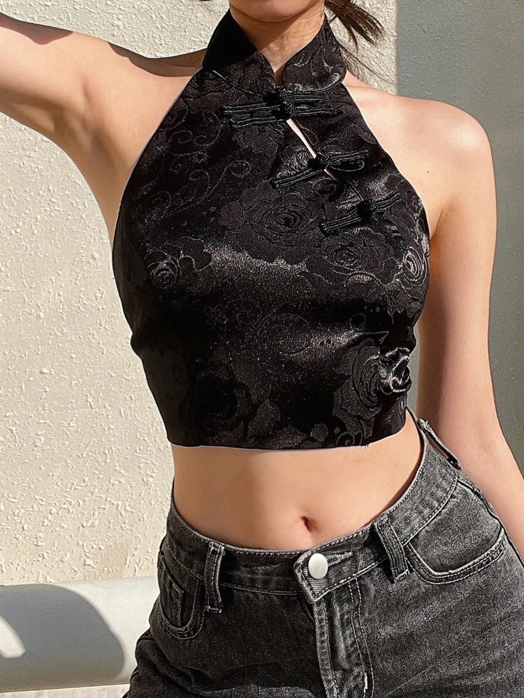 Jacquard Dark Halter Lace-Up Ribbon Crop Top