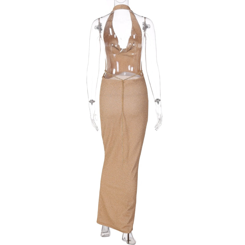 Glitter Knit Cowl Neck Halter Backless Mermaid Gown 6