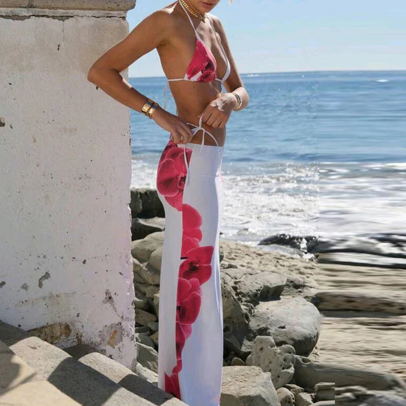 Floral Print Micro Bikini Set with Skirt Three Piece Swimsuit