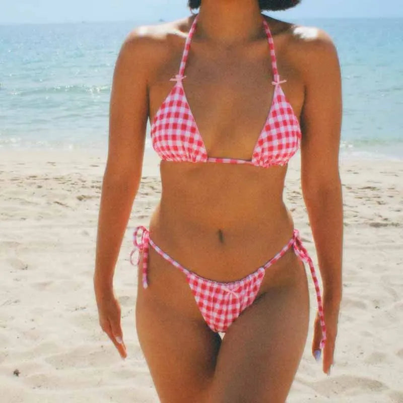Plaid Backless Tie-Up Bikini Set - Fashionpara