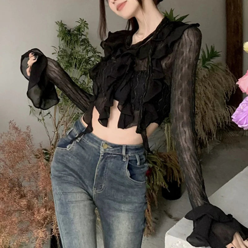 Transparent V-neck Flared Sleeve Blouse