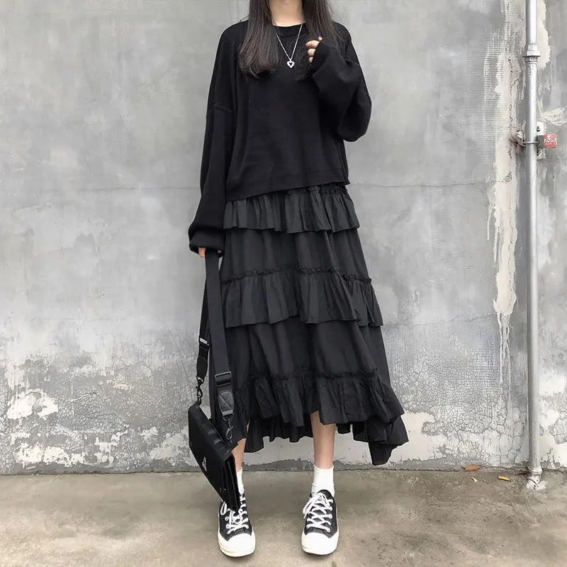Gothic High Low Ruched Ruffle Skirt