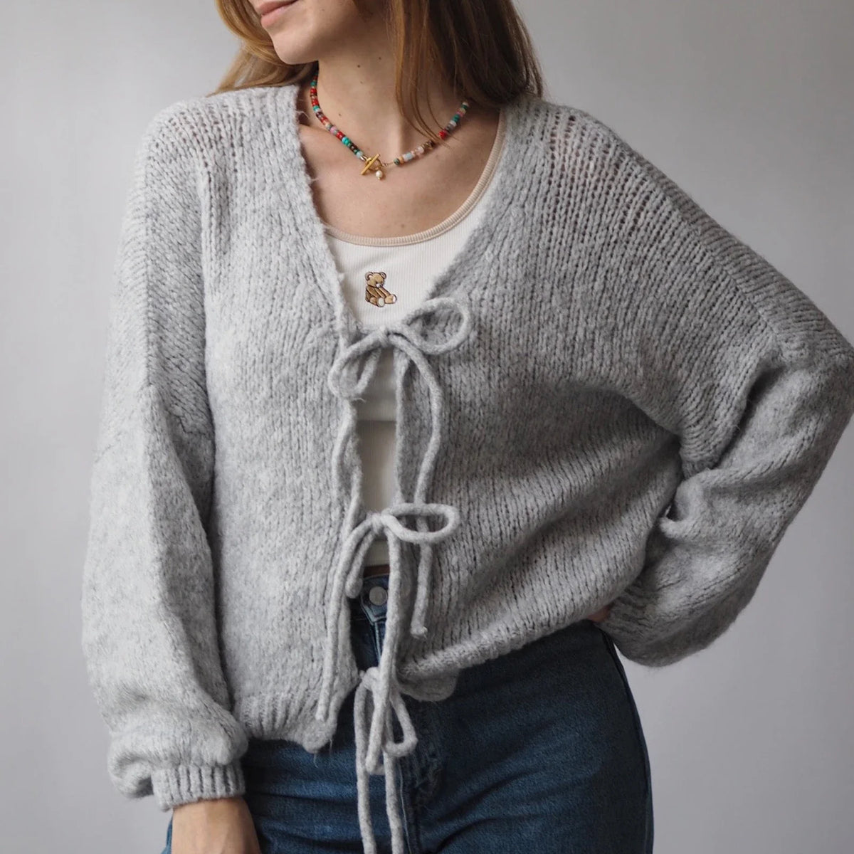 Tie-up V-neck Solid Loose Knit Cardigan