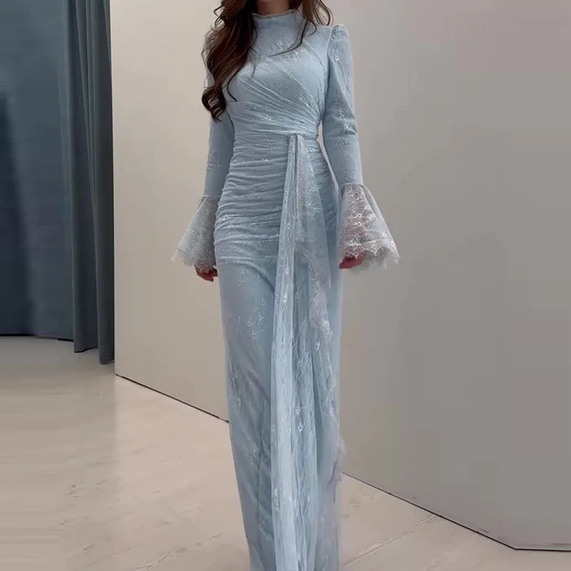 Elegant Turtleneck Lace Embroidery Long Sleeve Dress