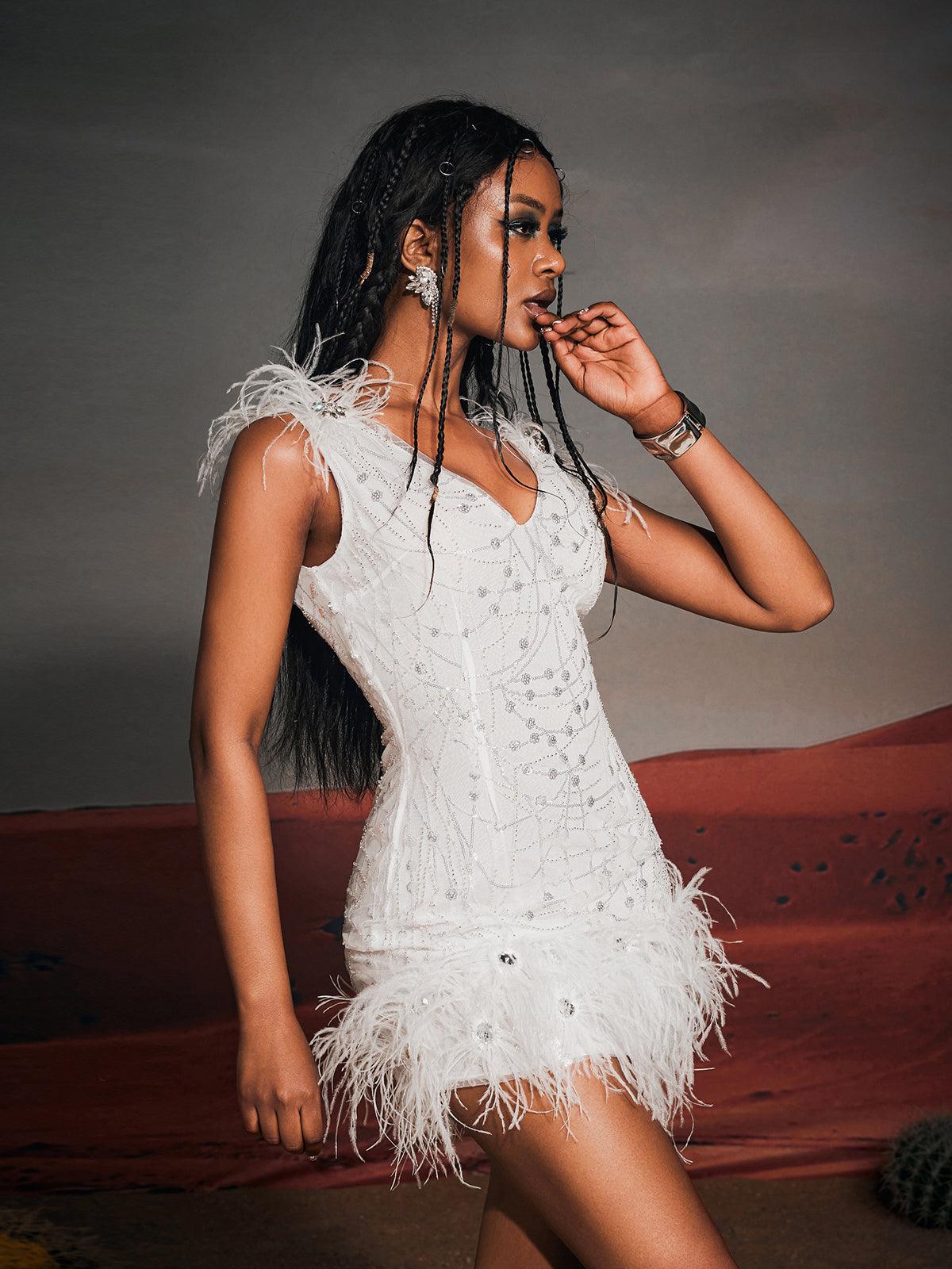 Sequin V-Neck Sleeveless Feather Trim Bodycon Mini Dress - View 5