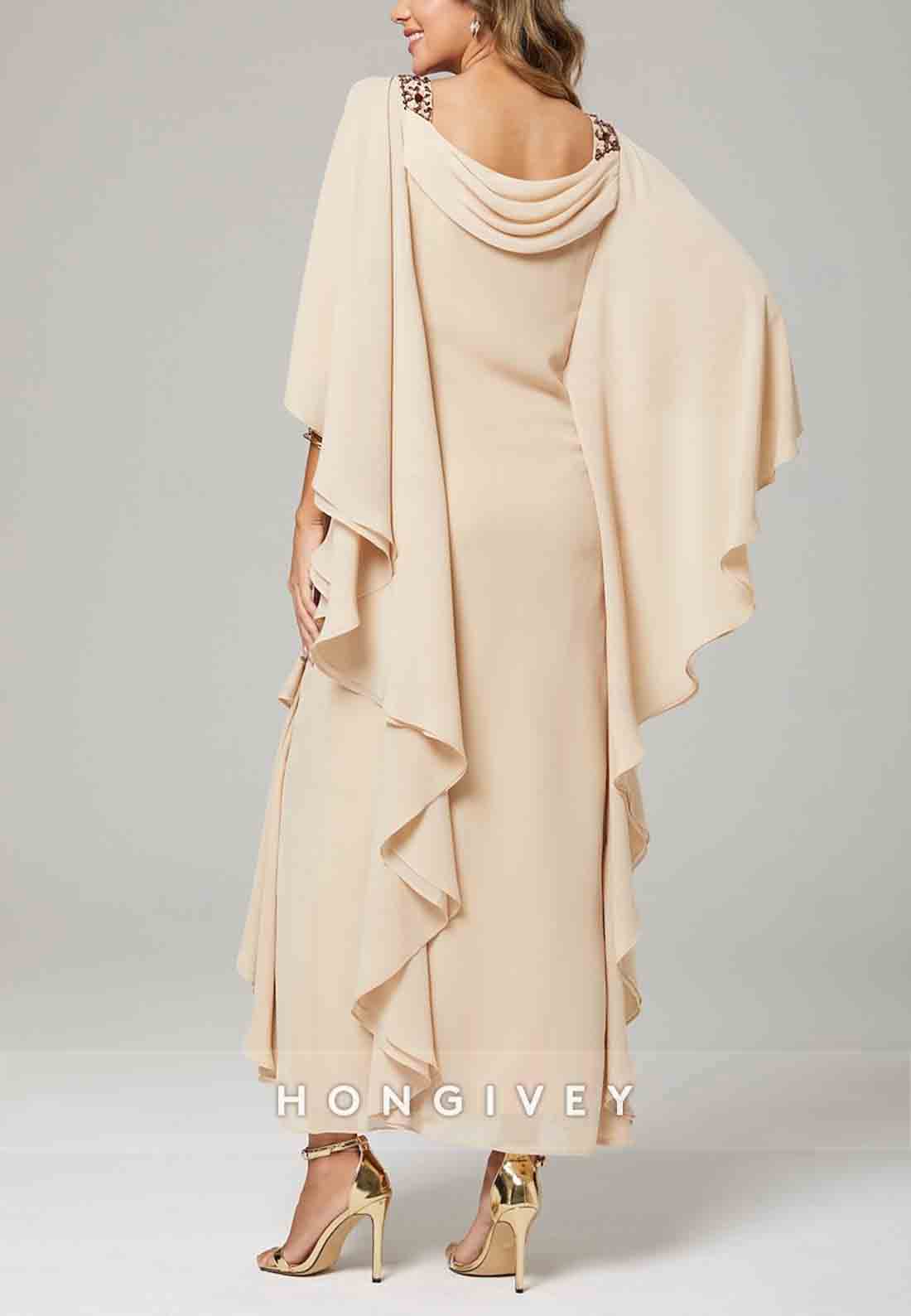 Column Mother of the Bride Dress Wedding Guest Elegant Crew Neck Floor Length Chiffon Beading Cascading Ruffles