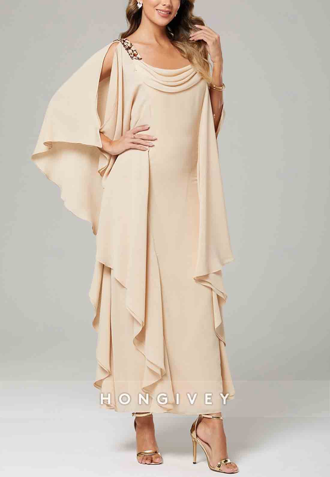 Column Mother of the Bride Dress Wedding Guest Elegant Crew Neck Floor Length Chiffon Beading Cascading Ruffles