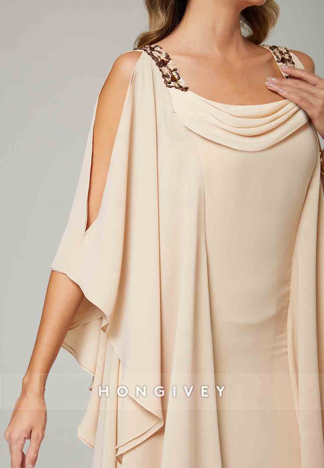 Column Mother of the Bride Dress Wedding Guest Elegant Crew Neck Floor Length Chiffon Beading Cascading Ruffles