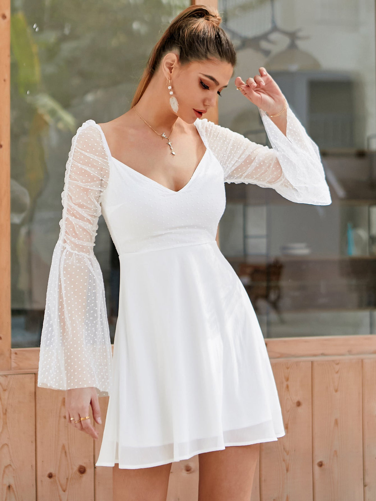 KittenAlarm - Sheer Bell Sleeve Swiss Dot Dress