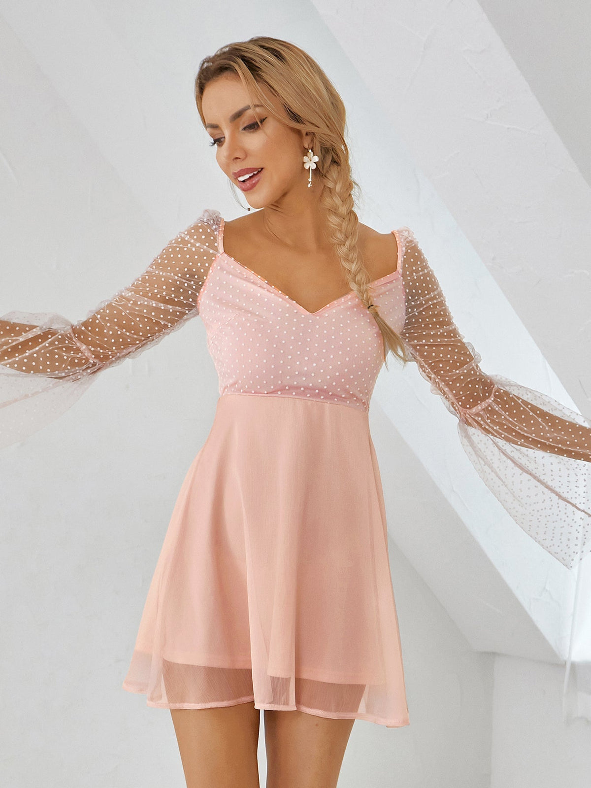 KittenAlarm - Sheer Bell Sleeve Swiss Dot Dress