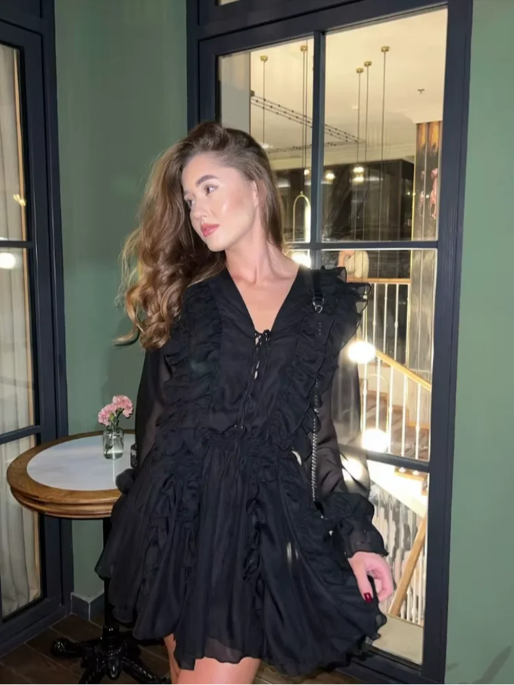 Sheer Lace Mesh Deep V Neck Blouse