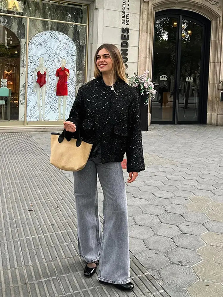 Black Zipper Bomber Short Coat