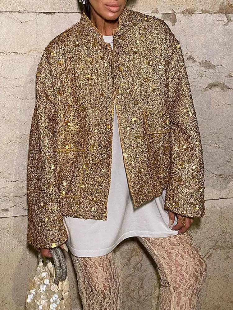 Golden Sequins Bomber Short Coat