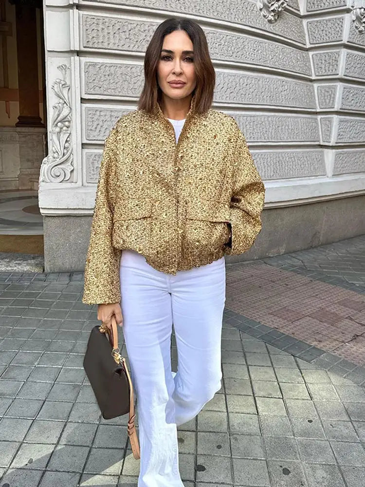 Golden Sequins Bomber Short Coat