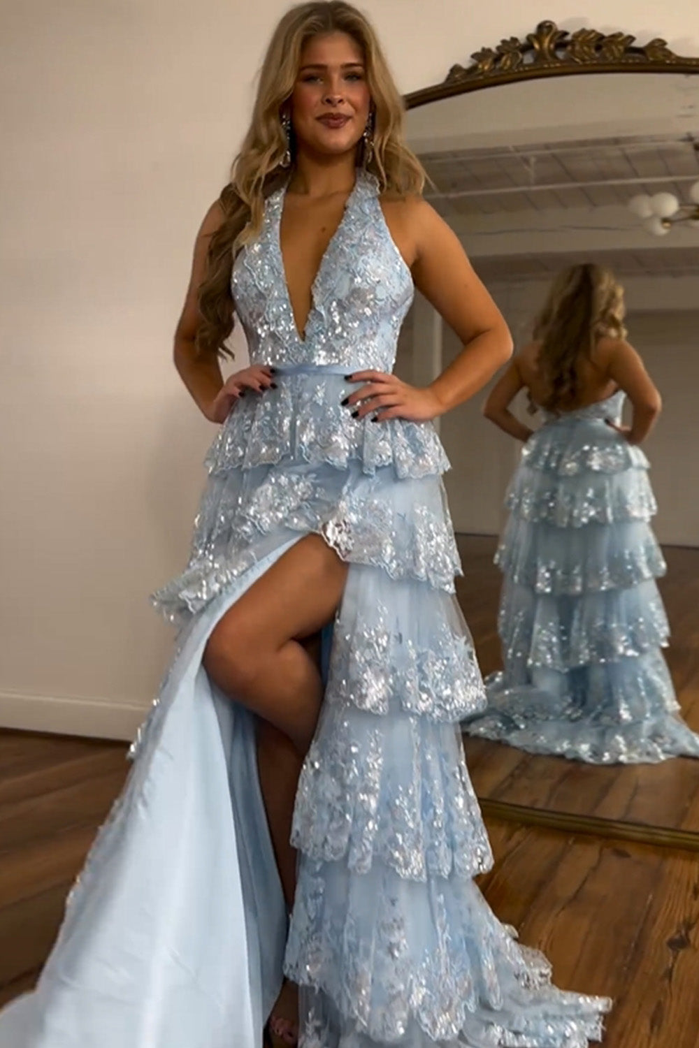 Sparkly Light Blue A-Line Halter Backless Long Tiered Prom Dress With Slit