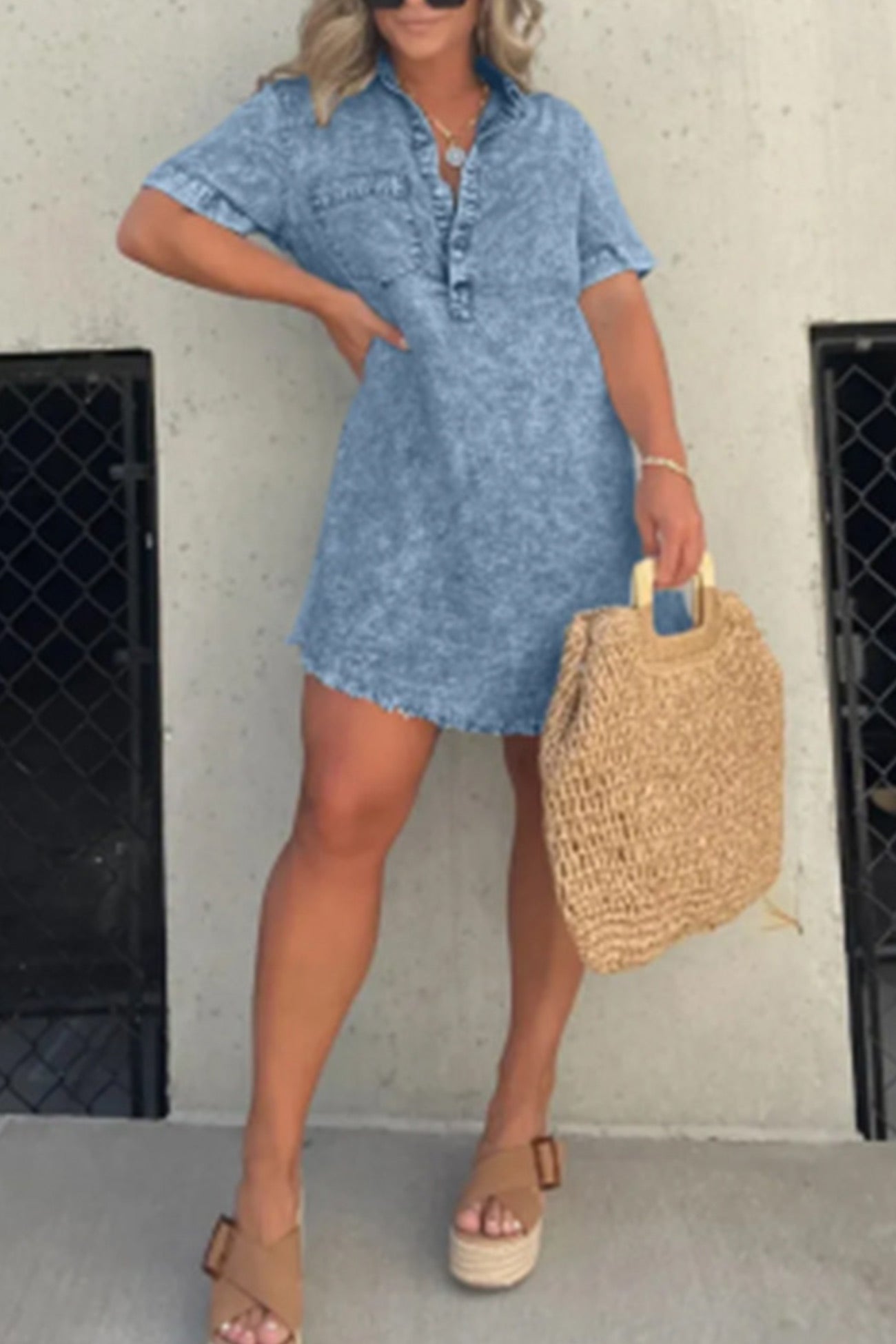 Shirt Collar Raw Edge Denim Dress - Fashionpara