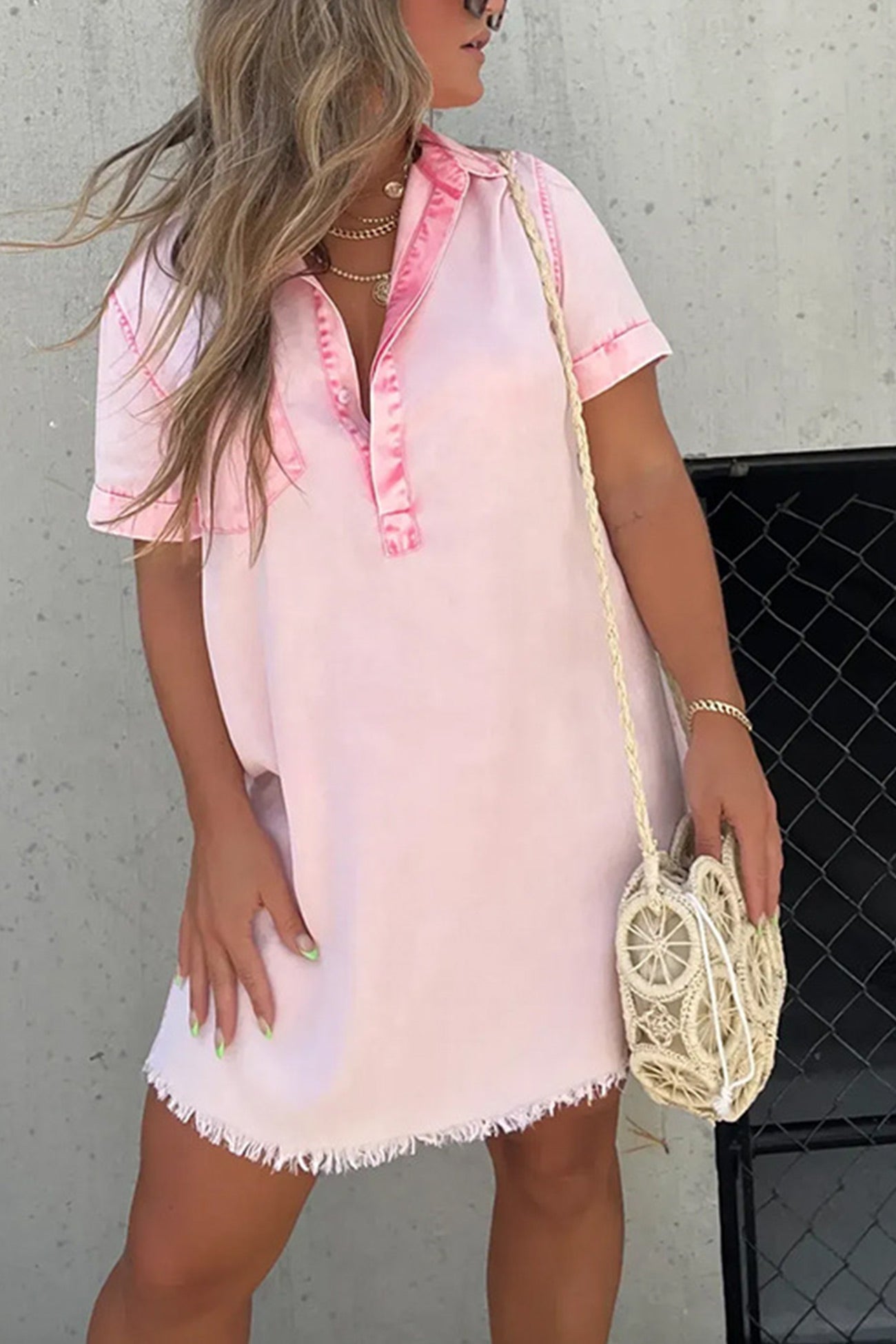 Shirt Collar Raw Edge Denim Dress - Fashionpara