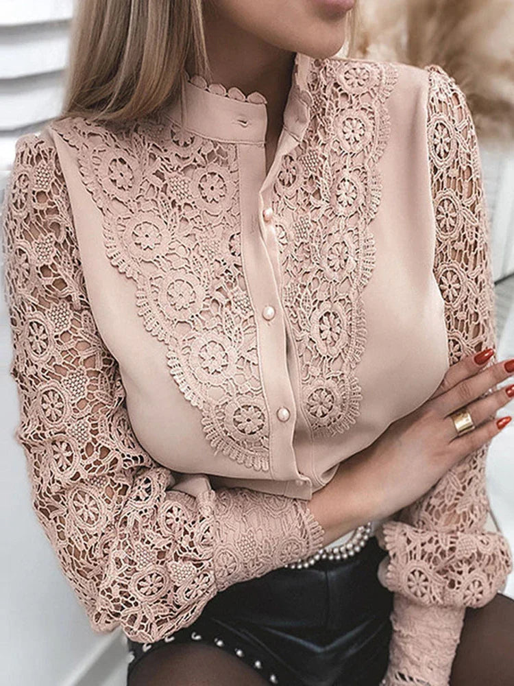 Lace Patchwork Hollow Out Button-Up Office Blouse
