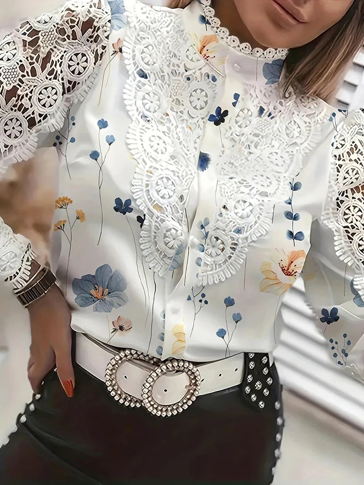 Lace Patchwork Hollow Out Button-Up Office Blouse