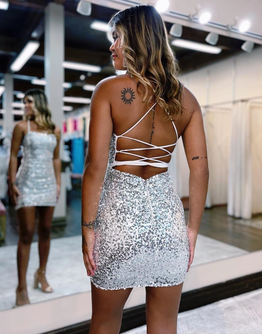 Sparkly Sequin Spaghetti straps Corset Back Tight Homecoming Dress - Fashionpara