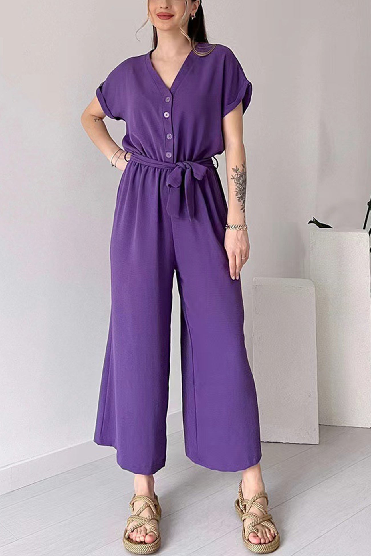 Short Sleeve Single-breasted Waisted Jumpsuits - Fashionpara