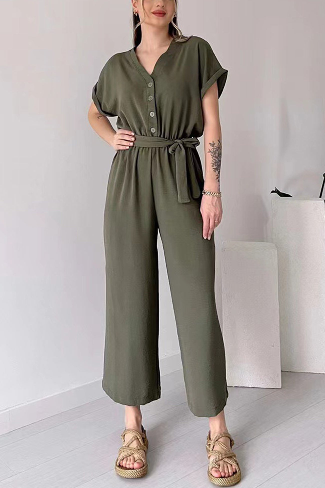 Short Sleeve Single-breasted Waisted Jumpsuits - Fashionpara