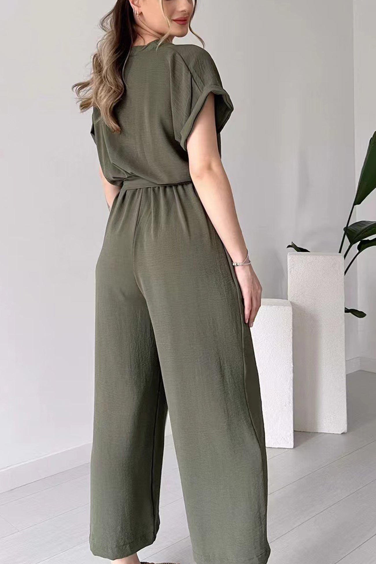 Short Sleeve Single-breasted Waisted Jumpsuits - Fashionpara