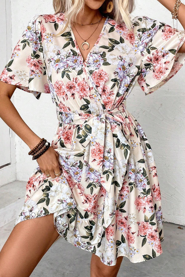 Short Floral Print V-neck A-Line Women's Dress