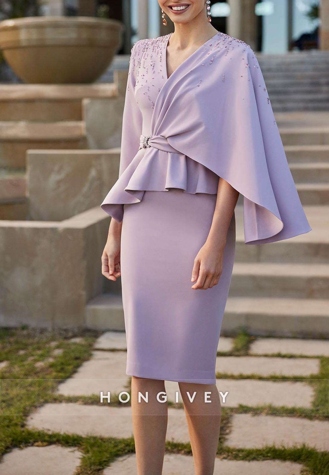 Sheath Knee-Length Peplum Cocktail Dresses V Neck Mother of the Bride One Shoulder Cape Pleated