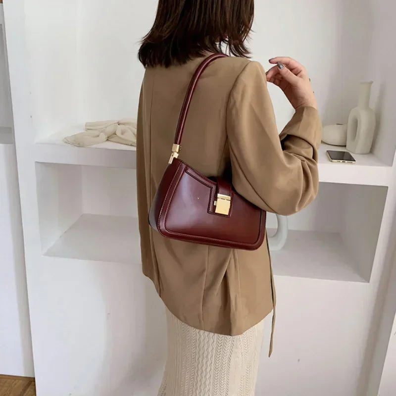 Solid PU Leather Trendy Lock Shoulder Bag