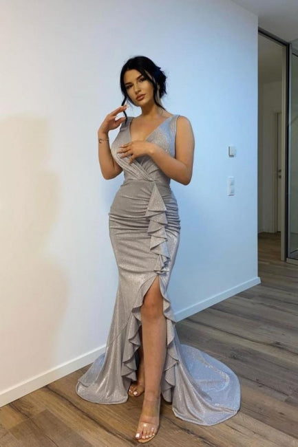 Silver Long V-neck Mermaid Ruffle Prom Evening Dresses with Glitter