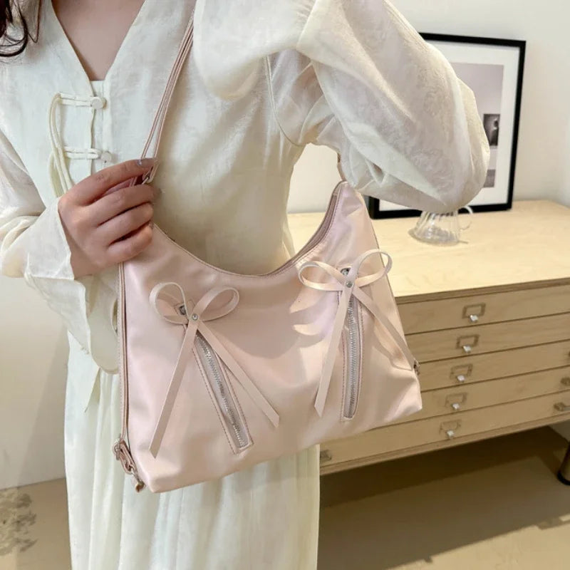 Silver Bow PU Leather Shoulder Bag