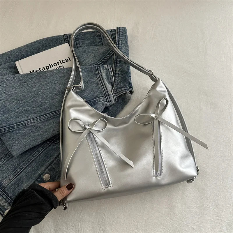 Silver Bow PU Leather Shoulder Bag